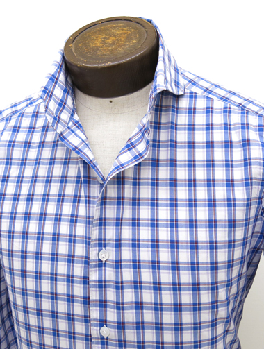 Finamore（フィナモレ）　チェック柄 　コットンカジュアルシャツ　カッタウェイ　白×ブルー×赤　サイズ40